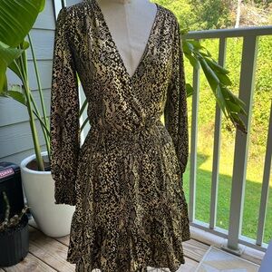 MICHAEL Michael Kors Black and Gold Wrap Dress with Bishop Sleeves